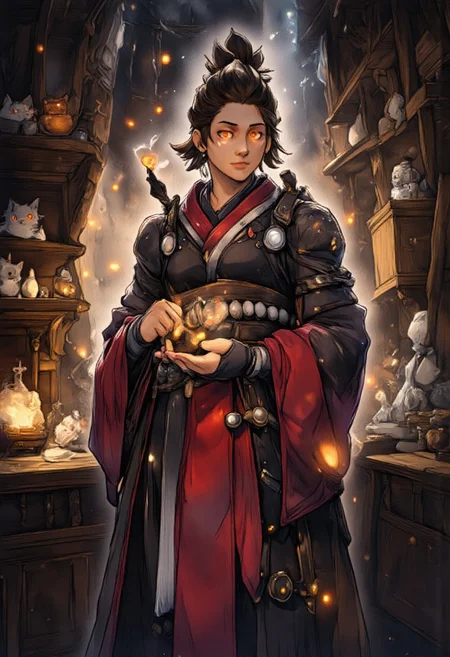 Studio Ghibli Dark Fairytale, fantasy, dark toned color scheme, high contrast, upper body, C0NTR4CT0R, kirikokamori, surrounded by cute kittens, yellow glowing eyes, smug, smug expression, red outfit, look at viewer, detailed, detailed body, detailed face, black robe, pretty face, indoors, tavern, dramatic light, Cute kittens rummaging through treasure chestsб fairytale-like atmosphere, atmospheric