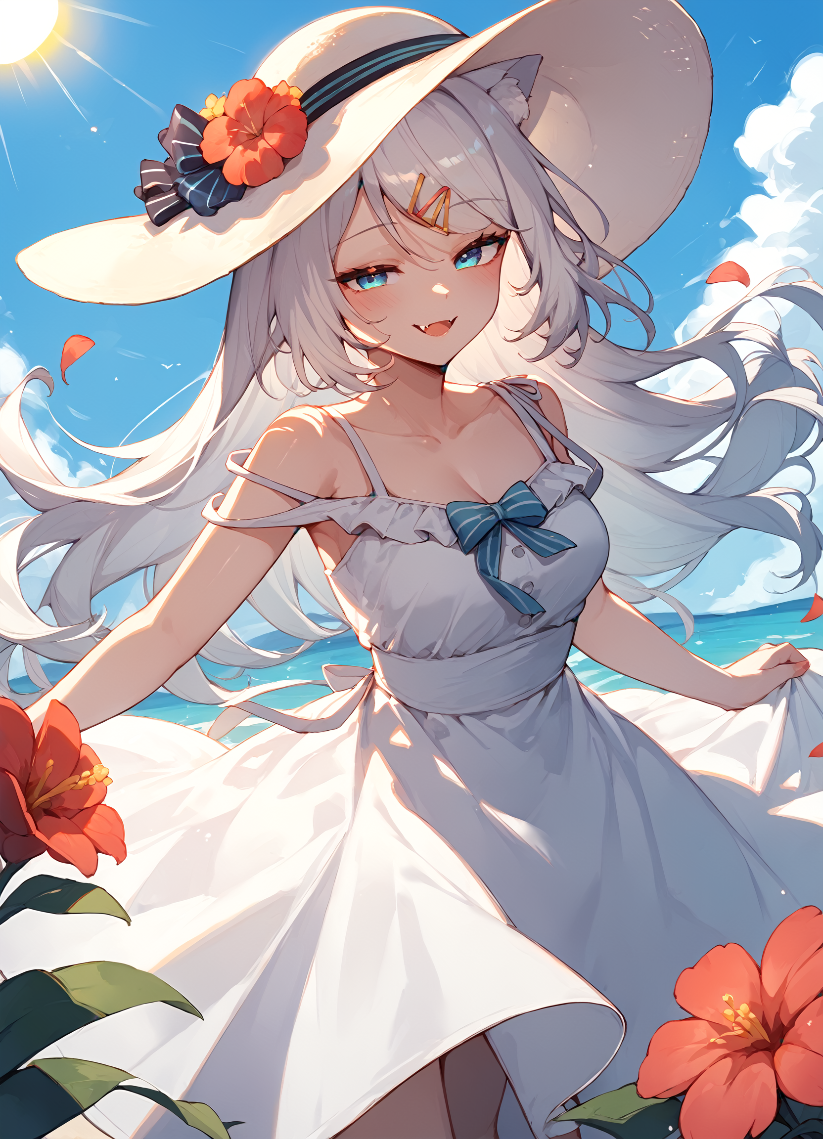 (score_9, score_8_up, score_7_up), 1girl, mizuki \(vtuber\), sundress, sun hat, smile, fang, half-closed eyes, flower, <lora:mizuki-vtbPO-v1r:0.9>