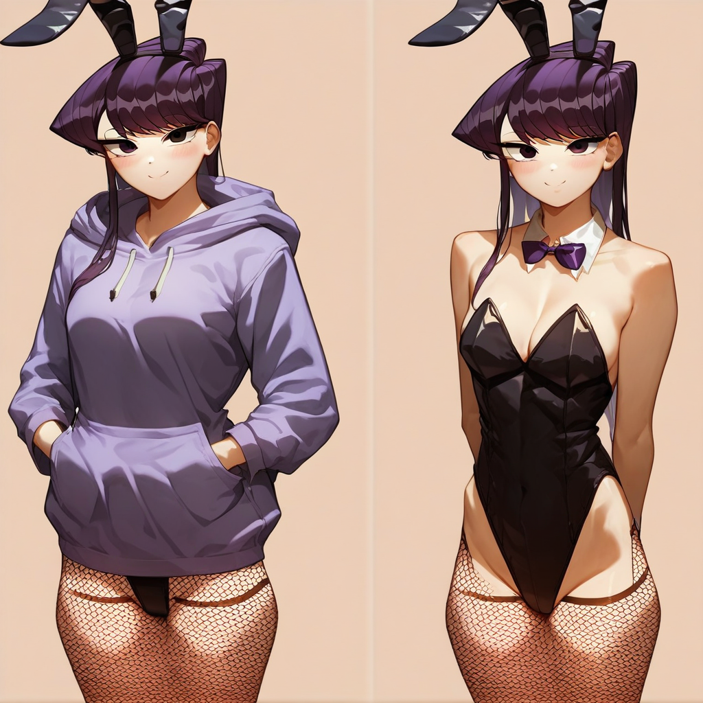 score_9, score_8_up, score_7_up, source_anime BREAK 1girl, multiple views, before and after, leotard, hoodie, fishnets, looking at viewer, simple background, Komi Shouko, purple hair, long hair, swept bangs, fake bunny ears, purple eyes, mask, standing, hands in pockets, smile, rating_questionable
