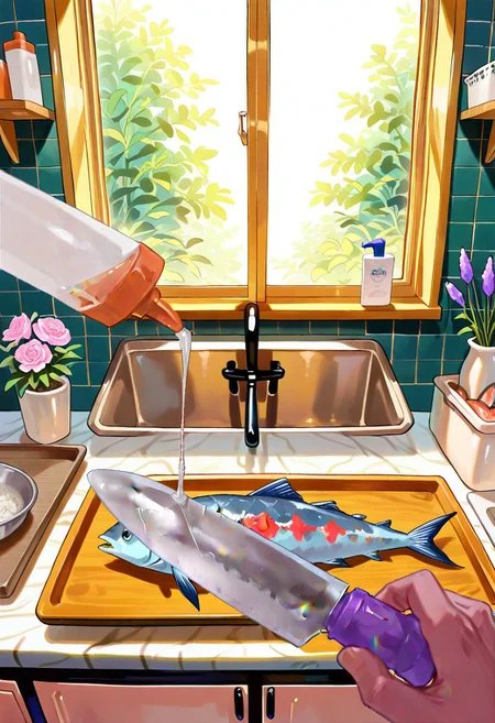 masterpiece,best quality,amazing quality,very aesthetic,absurdres,newest, huge filesize,
1fish,large fish,
chopping board,fish on chopping board,
 foreground, pov hand, pov holding kitchen knife, lotion bottle, pov pouring, lotion,
indoors,kitchen,window,flower,
close up fish,
front view,
pov