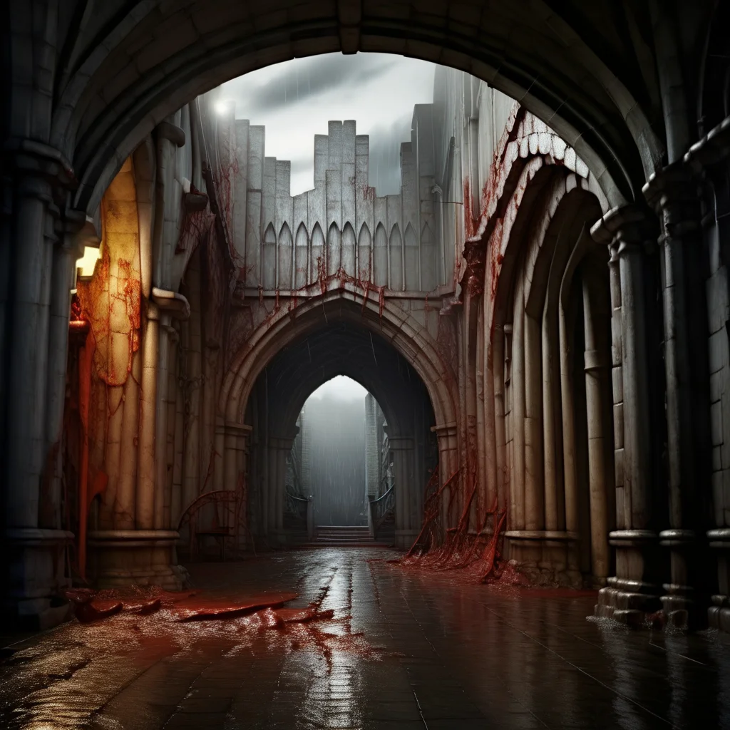 arch, statue, light, rain, cloud, indoors, blood, cloudy sky, cape