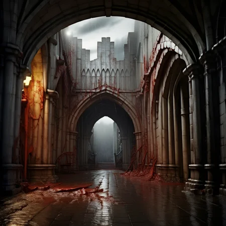 arch, statue, light, rain, cloud, indoors, blood, cloudy sky, cape