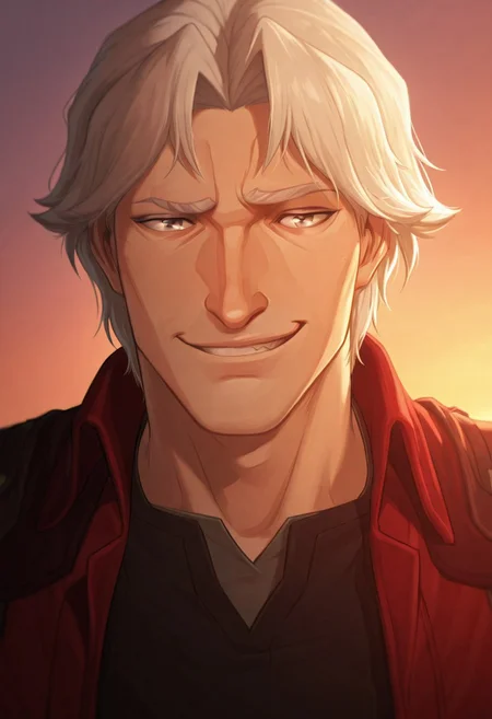 masterpiece, very aesthetic, absurdres, best quality, detailed face, detailed eyes, intricate details, 1boy, solo, dante, smile, smirk, single eyebrow up, white hair, curtained hair, armor, open jacket, shoulder armor, red jacket, shirt, coat, black shirt, jacket, grey eyes, closeup, portrait, outdoors, sunset, fantasy, cinematic,