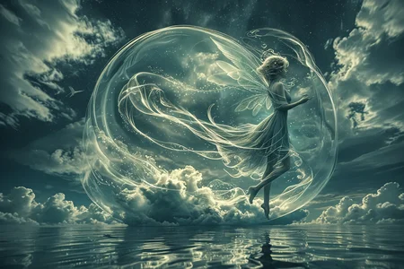 Close up photo of a ((wind fairy)) gliding the cloud, reflections in the water, night scene. in the style of double exposure, Art Nouveau, long exposure, layered lines, chiaroscuro, absurdres, Long_Exposure ral-exposure, <lora:ral-exposure-sdxl:0.700000>