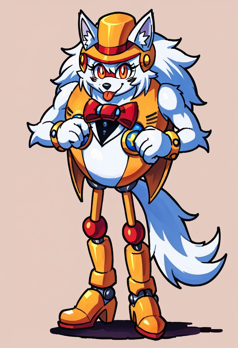 heavy magician, 1girl, female, robotic, magician, heavy magician, sonic mania, yistyle, watercolor, painting, clean, no blur, vector art, werewolf form, cute, kind, eyelashes, animal form, breast, wolf face, wolf body, feral, solo, skinny, sexy pose, sexy look, thin, feral, looking at viewer, side angle, smile, kind, sticking tongue out, solo