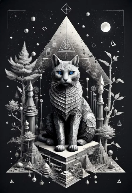 a drawing of Lunar Anubis, cat performing alchemy of etheral symbol quintessence, (one paw raised showing the eye of chemigram:1.1 eye of hamesh (with rays coming out of it), OverallDetail forging cluster astral keys.<lora:UFO_Alchemy_sdxl:1.0>,( <lora:symmetrical:1.5> (negative space tetrahedal trees ((revelation of method,PStyl3 )), <lora:Maximalist_Drawing_BW:0.2>)), (map QuinnMora, HaroldFiskMeander background:1.4), framesmade of checkerboard layer, , no human, ((sigil of pyramid, sigil of great power, frames cube FancyTurning:1.5), (three planes) X Y Z in occult space