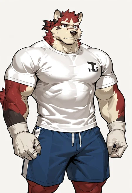 animal ears, muscular furry, furry, Clothes, PG, T-shirt, Shorts, bara