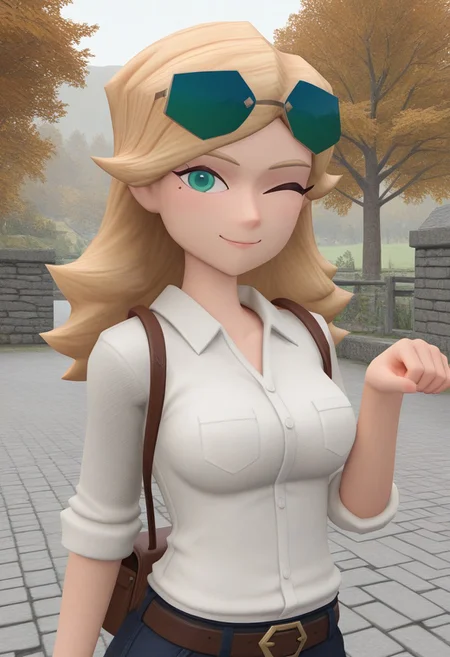 (1girl, solo), masterpiece, best quality, absurdres, newest, 3d, low poly, painterly,
blonde hair, long hair, eyewear on head, green eyes, bag, white shirt, belt, pants,
outdoors, upper body shot, paw pose, looking at viewer, wink, :3