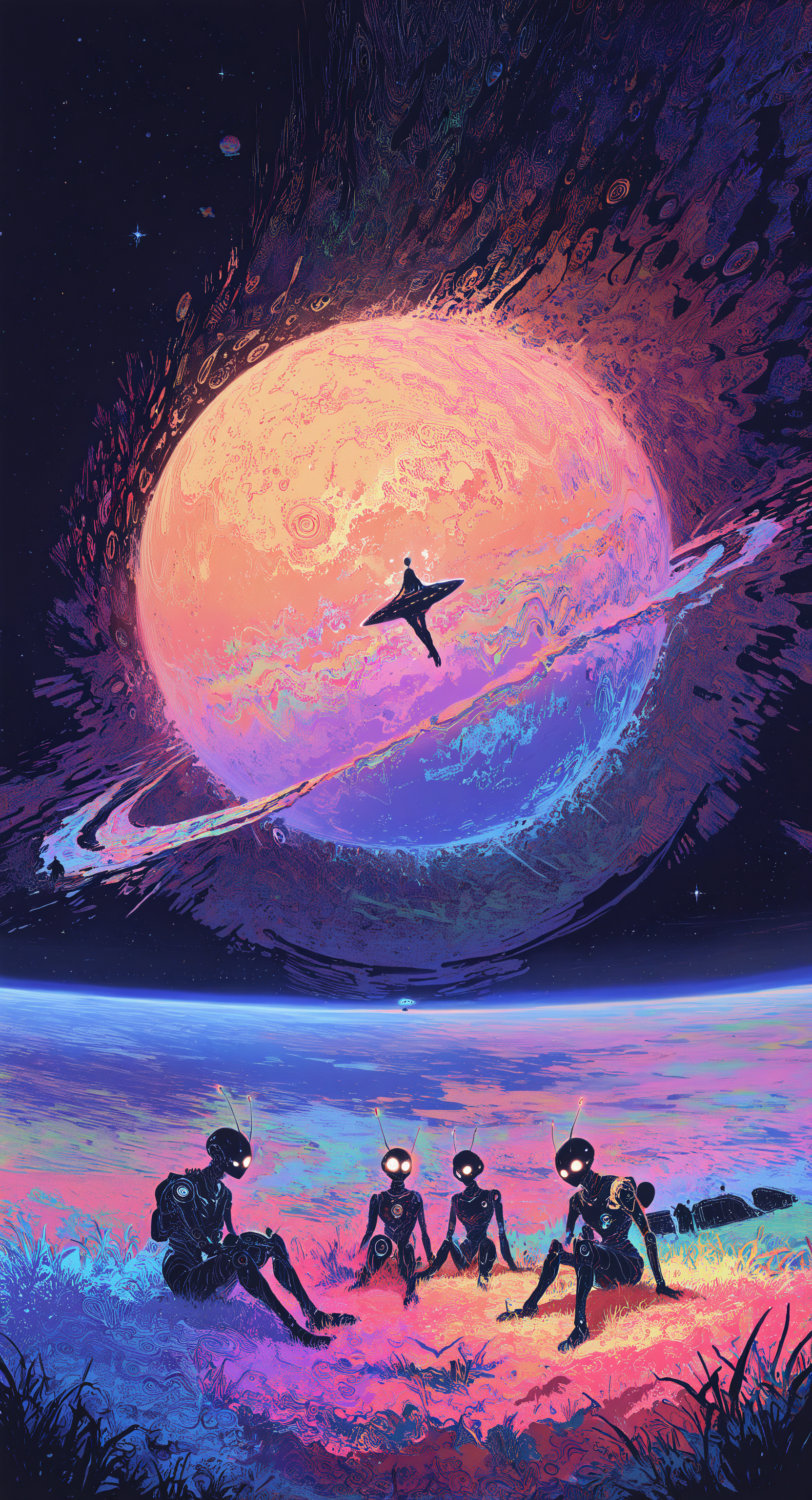 masterpiece, best quality, good quality, very awa, newest, highres, absurdres,  sitting, no humans, glowing, grass, robot, star \(sky\), science fiction, antennae, space, multiple others, planet, colorful, spacecraft, abstract, ufo, 3others, limited palette, sketch, glowing, psychedelic, <lora:illustriousXL_stabilizer_v1.23:0.3> <lora:NOOB_vp1_detailer_by_volnovik_v1:0.3> <lora:ponyv6_noobE11_2_adamW-000017:0.3> <lora:114558v4df2fsdf5:1> <lora:mon_monmon2133:0.6>