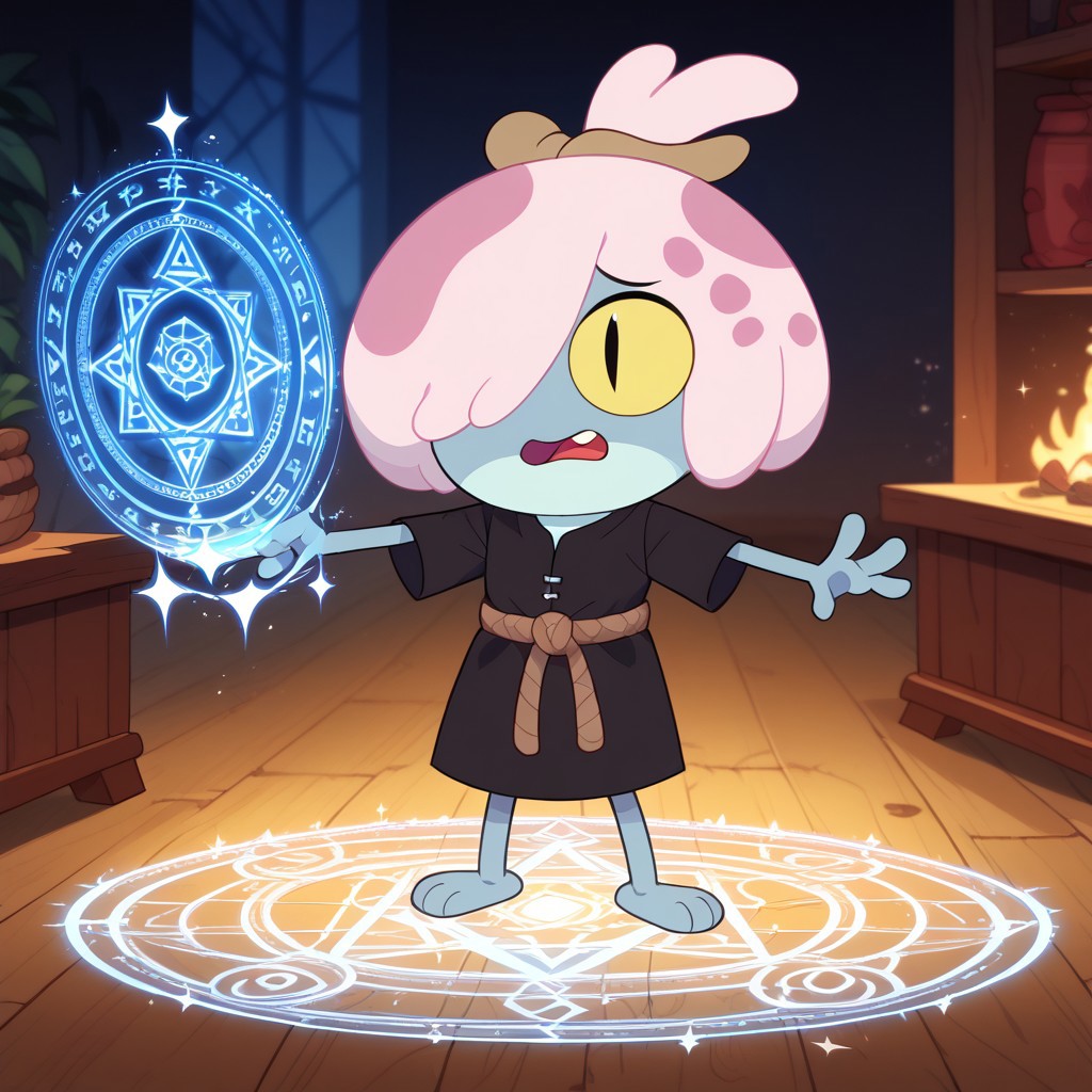 score_9, score_8_up, score_7_up, score_6_up, score_5_up, score_4_up,show accurate, perfect anatomy, perfect hands,
four fingers per hand and two toes per foot. light pink hair with dark pink spots,hair covering one eye, yellow eyes with black, slit pupils  , summing circle,  black sack dress with a brown rope for a belt, magic room, magic circle,noodle arms, noodle legs,