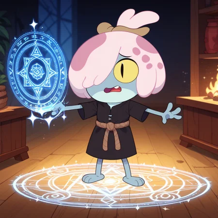 score_9, score_8_up, score_7_up, score_6_up, score_5_up, score_4_up,show accurate, perfect anatomy, perfect hands,
four fingers per hand and two toes per foot. light pink hair with dark pink spots,hair covering one eye, yellow eyes with black, slit pupils , summing circle, black sack dress with a brown rope for a belt, magic room, magic circle,noodle arms, noodle legs,