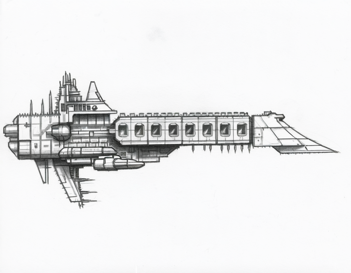 pencil sketch,side view,profile view,simple background,an impstarship cruiser,  <lora:Imperial_Navy_-_Warhammer_40000_SDXL:0.85>,blocky,rectangular,metal honeycomb,monochrome,tall,solo