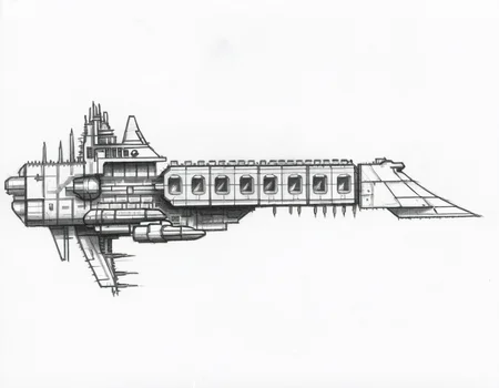 pencil sketch,side view,profile view,simple background,an impstarship cruiser,  <lora:Imperial_Navy_-_Warhammer_40000_SDXL:0.85>,blocky,rectangular,metal honeycomb,monochrome,tall,solo