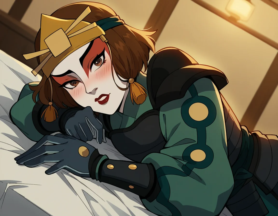 score_9, score_8_up, score_7_up, source_anime, <lora:suki-book2-ponyxl-lora-nochekaiser:1>, suki, short hair, brown hair, brown eyes, makeup, lipstick,, gloves, armor, breastplate, hair ornament, gloves,, indoors, bed, bed room, on side, blush, drunk, looking at viewer, solo, cowboy shot, dutch angle