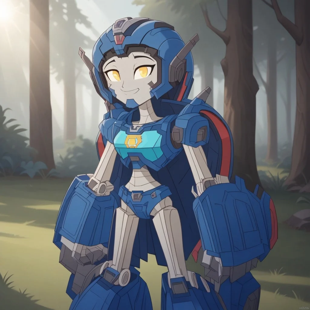 score_9, score_8, BREAK, solo, Whirl_(Transformers), 1girl, autobot, autobot logo on chest, yellow eyes, glowing eyes, alien girl, robot, robot girl, humanoid robot, mecha, self portrait, smile, looking at viewer, outdoors, sunlight, shadows, evening lighting, natural lighting, forest, trees, grass, orange sky, sunset