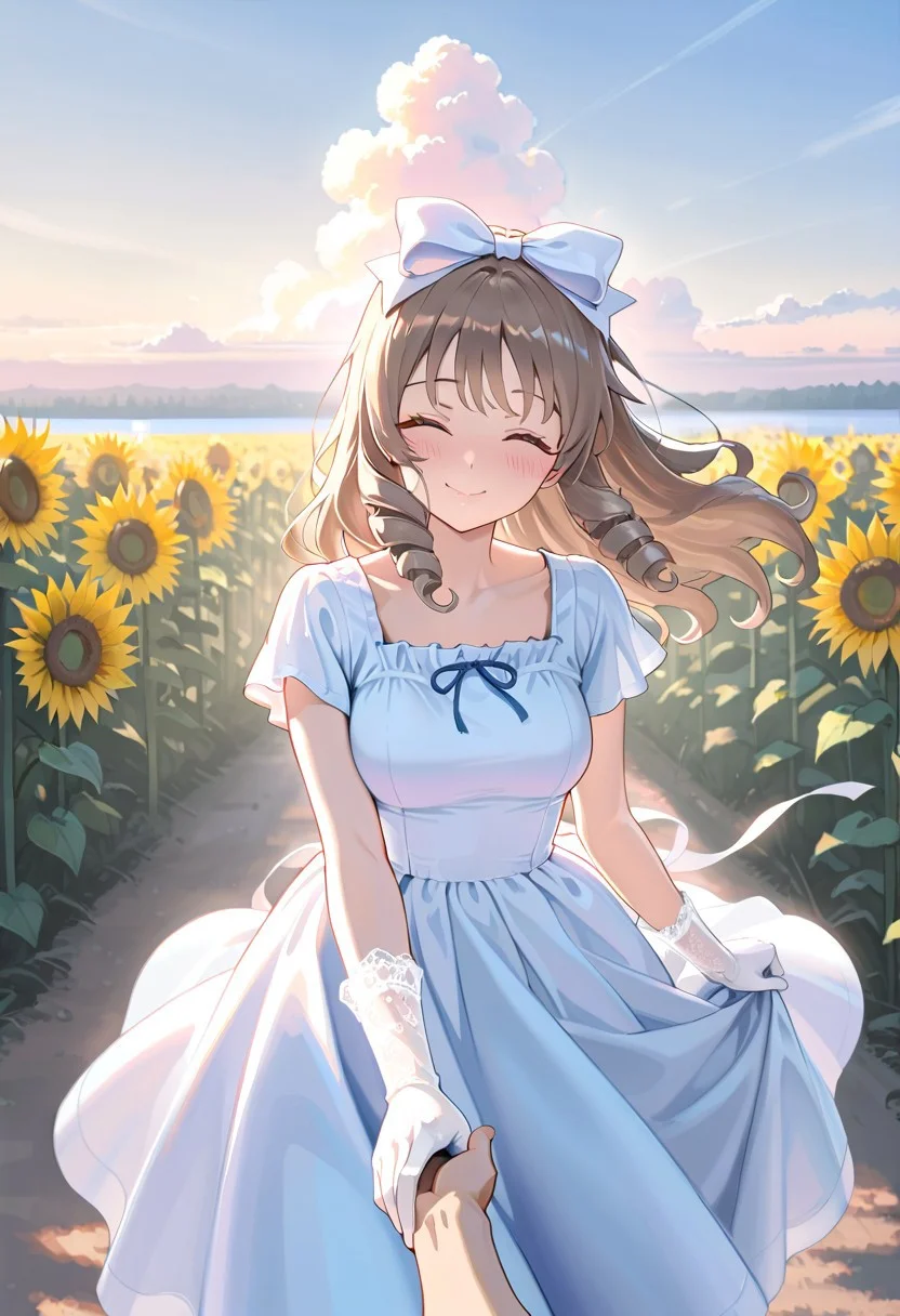 masterpiece, best quality, amazing quality, girl, brown hair, perfect eyes, portrait shot, long hair, ringlets hair, bangs, medium breasts, 8k, highest quality, ultra details,1girl, solo,
Southern Belle, (white:1.4) hoop dress, cinched waist, short sleeves, white
hair bow, blue hair ribbons, medium breasts, white silk gloves, blush, happy, shy smile, eyes closed, strong wind, hair blowing in the wind, holding dress up with hand, sunflower, dress blowing in the wind, sunny day, fluffy white clouds, flowery path, summer season,walking, on a rural path, Mississippi river background, pov view, holding a viewer's hand, outdoors, pastel colors, warm lighting