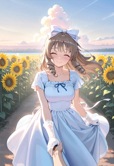 masterpiece, best quality, amazing quality, girl, brown hair, perfect eyes, portrait shot, long hair, ringlets hair, bangs, medium breasts, 8k, highest quality, ultra details,1girl, solo,
Southern Belle, (white:1.4) hoop dress, cinched waist, short sleeves, white
hair bow, blue hair ribbons, medium breasts, white silk gloves, blush, happy, shy smile, eyes closed, strong wind, hair blowing in the wind, holding dress up with hand, sunflower, dress blowing in the wind, sunny day, fluffy white clouds, flowery path, summer season,walking, on a rural path, Mississippi river background, pov view, holding a viewer's hand, outdoors, pastel colors, warm lighting