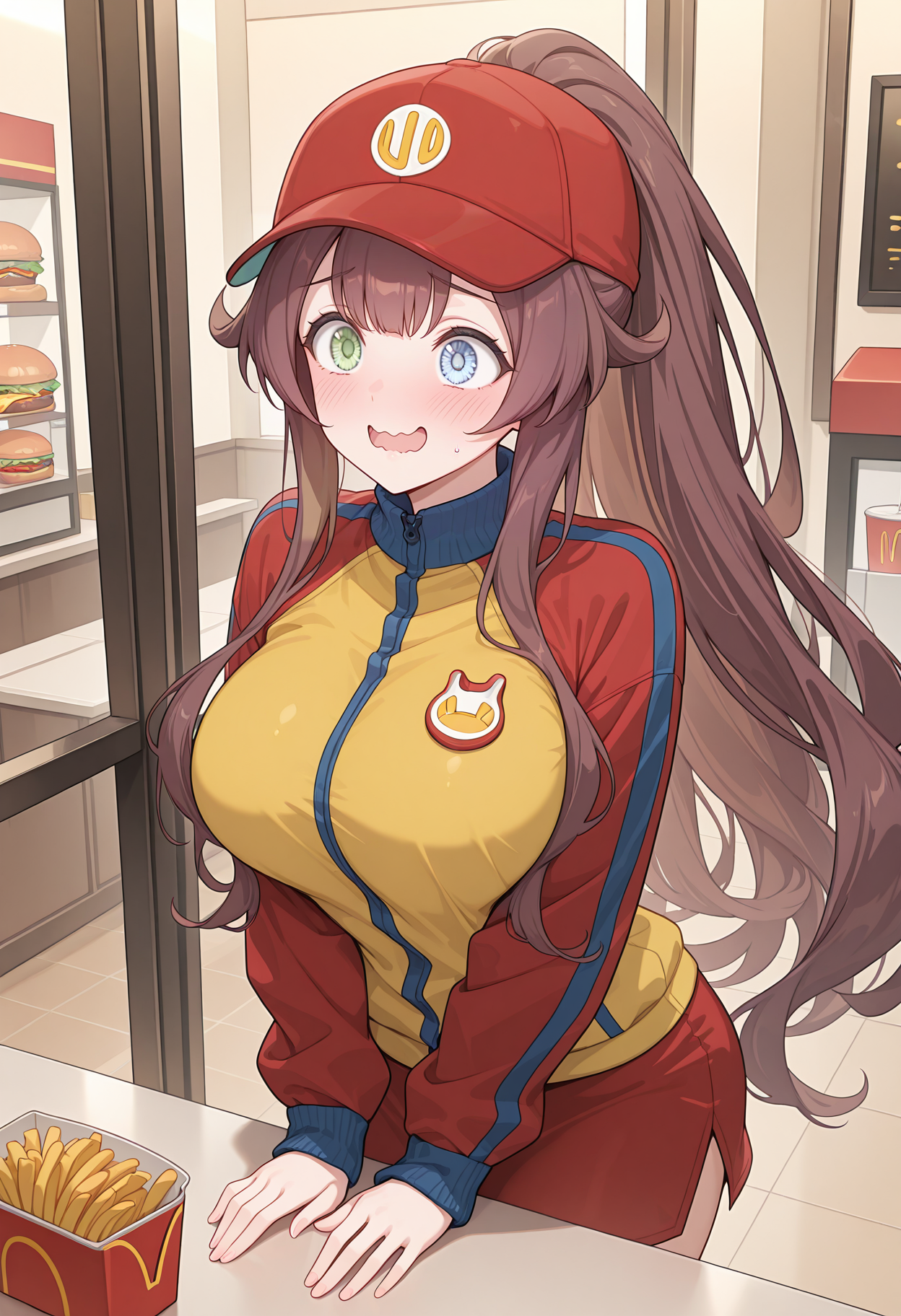 highres, best quality, masterpiece, indoors, fast food,
1girl, solo, rlpkuru, brown hair, very long hair, heterochromia, light blue eyes, light green eyes, large breasts,
baseball cap, red headwear, two-tone hat,  track jacket, dark blue stripes, two-tone jacket, yellow jacket, red sleeves, red skirt, fast food uniform, 
blush, smile, embarrassed, open mouth, wavy mouth, 
balcony, 
<lora:_kururu_pcr-elesico-ilxl:1>