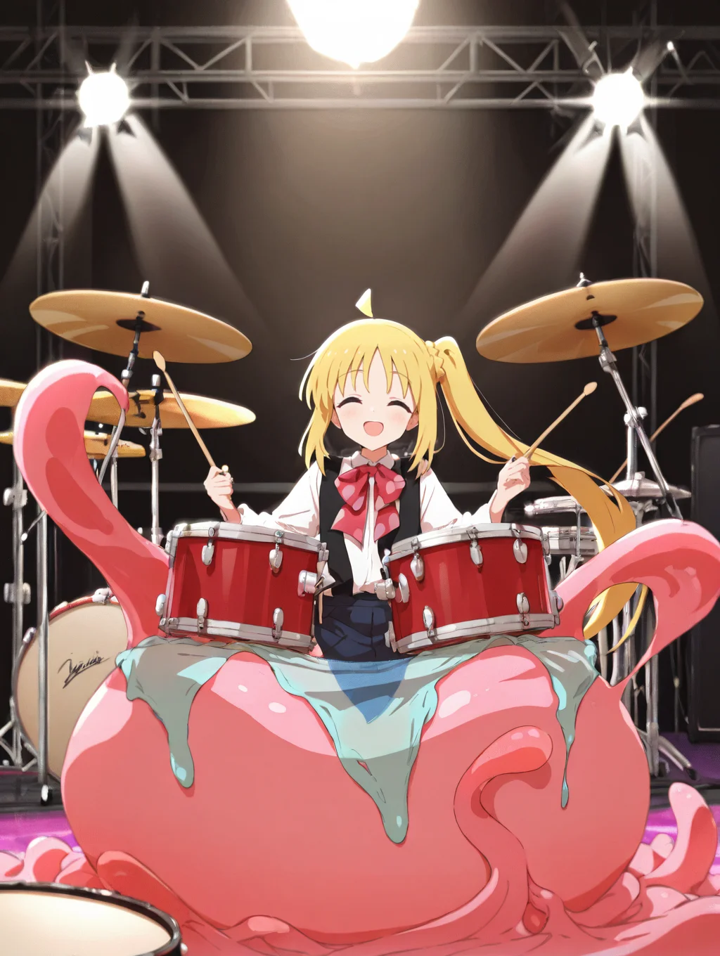 masterpiece,best quality,amazing quality,very aesthetic,absurdres,newest,scenery,<lora:wawa style_ilxl_v1:0.8>,ijichi nijika,1girl,solo,sitting,looking at viewer,tentacles,stage,drum,drum set,open mouth,smile,stage lights,slime \(creature\),tentacle hair,tentacles under clothes,drumsticks,monster,facing viewer,