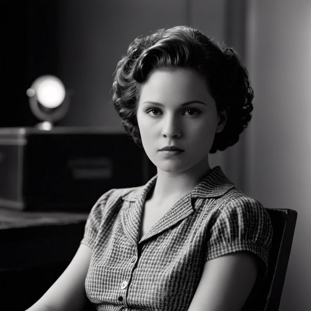 cinematic film still of <lora:add-detail-xl:0.1>1
<lora:detailed:0.2>
<lora:perfection style:0.2>
<lora:eyetune:0.5>
<lora:xl_more_art-full_v1:0.3>
<lora:Ron Fricke style:0.3>
<lora:Unreal Engine style:0.2>
<lora:TeethXL:1>
<lora:Chiaroscuro Lighting Style:0.3>
 <lora:american bandits style:0.9>
 <lora:1930's style:0.3>
In the 1930's a young criminal woman sitting on a chair with a hairdo,solo,looking at viewer,simple background,1boy,sitting,monochrome,short sleeves,greyscale,male focus,chair,realistic,afro , crime movie themed, sharp, detailed, epic cinematic photography, artistic, dramatic light, cinematic color style, Kodak film style, american bandits style, shallow depth of field, vignette, highly detailed, high budget, bokeh, cinemascope, moody, epic, gorgeous, film grain, grainy