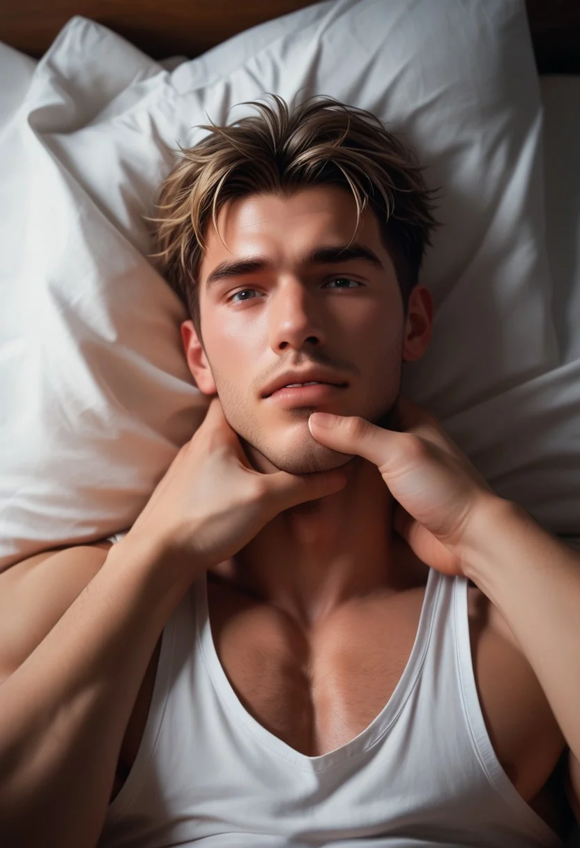 score_9, score_8_up, score_8, 1boy, 20 years old, cute, muscular, handsome face, horny, short blonde hair, Seductive pose, mouth slightly open, scared, white tank top pulled up over pecs, muscular chest, (a pair of hands aggressively choking himt:1.2), lying in bed, gay, homoerotic, looking at viewer,