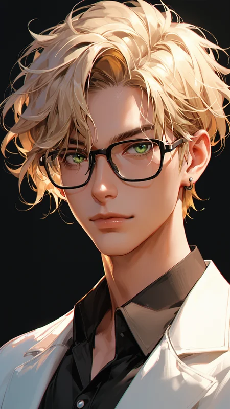 score_9, score_8_up, score_7_up, solo, looking at viewer, short hair, blonde hair, simple background, shirt, 1boy, jewelry, closed mouth, green eyes, jacket, male focus, earrings, glasses, collared shirt, lips, black shirt, black background, portrait, black-framed eyewear