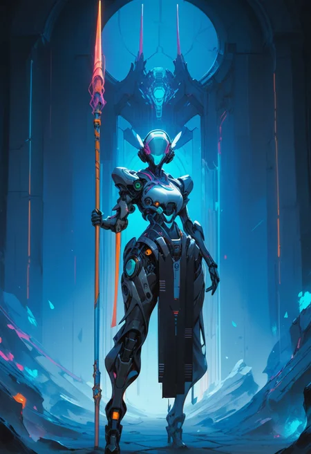 score_9, score_8_up, score_7_up, mcnm, 1 woman, tall, holding polearm in one hand, standing in front of a large stone door, facing viewer, vibrant colors