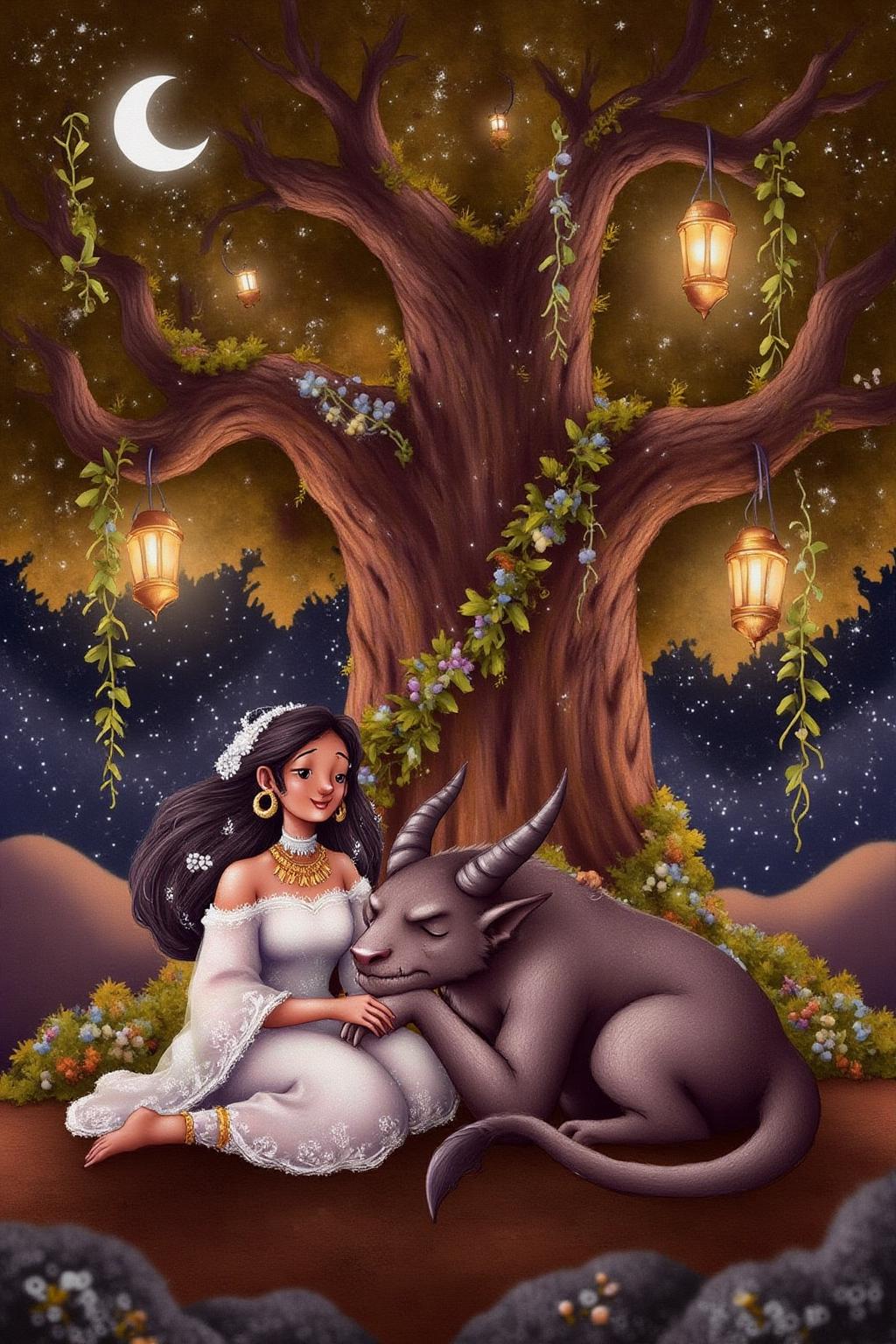 illustration.
a scene from Arabian Nights, rendered in intricate, colorful detail. A beautiful woman and a sleeping demon. The woman sits gracefully under a sprawling tree with lush, curving branches and hanging vines. She has striking, almond-shaped eyes, dark flowing hair, and wears elegant traditional attire with ornate jewelry that glimmers softly under the moonlight. Her expression is calm and serene as she gazes thoughtfully into the distance. Resting his head gently on her lap is a large demon with a powerful, otherworldly presence. The demon, though fearsome in size, appears vulnerable as he lies beside her. His skin has a muted, earthy tone, and his features--sharp and beastly--are softened by a look of weary contentment. His claws are retracted, and he exudes a mixture of strength and peace in her presence. The tree's twisted branches arc above them, framing the scene like a natural canopy. Golden lamps hang from the tree, casting warm, soft light, illuminating the two figures in a magical glow. The background is a deep, starry night, with hints of distant desert dunes and a crescent moon overhead, creating an enchanting and mystical ambiance that draws the viewer into this world of fantasy and myth. <lora:alicesa1_cap_d6a3:1.0><lora:830712865070613372:0>