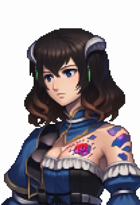 score_9, score_8_up, score_7_up, source_anime BREAK 1girl, solo,
<lora:zs_FEDSPortraitsXL:1> fedsportraits, portrait, white background
<lora:MiriamBS-pdxl:1> miriamBS, short hair, hair ornament, horns, cleavage, breast tattoo, dress, low neckline, detached sleeves, gauntlets, single gauntlet