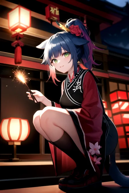 (masterpiece, best quality:1.2), <lora:darkKukiv1:.4>, (medium breasts), clivia_jessica, holding sparkler, crouching, legs together,
tail, blue hair, multicolored hair, ponytail, green eyes, ponytail, animal ears, happy,
china dress, long sleeves, wide sleeves, black kneehighs, red shoes, (black shorts:1.4)
new year, chinese architecture, restaurant, fireworks, night time, lanterns,
dynamic composition, reflections, rule of thirds, subsurface scattering, (chiaroscuro:1.1), <lora:clivia_jessica-03:1>