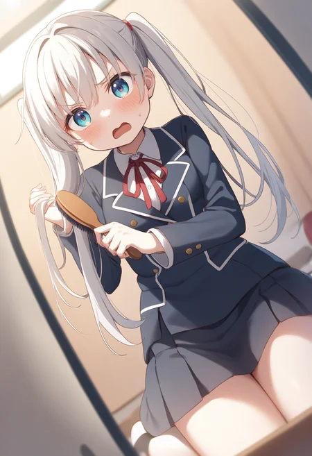 1girl,sincos, ningen mame, toosaka asagi,solo,medium breasts,school uniform,
brushing hair,hair brushing,hair brush,<lora:brushinghair_XL_v1:0.8>
dutch angle, fisheye lens, looking up, silver hair, black eyes,disappointed, comiket, open mouth, split ponytail hair,,
best quality, very aesthetic, absurdres