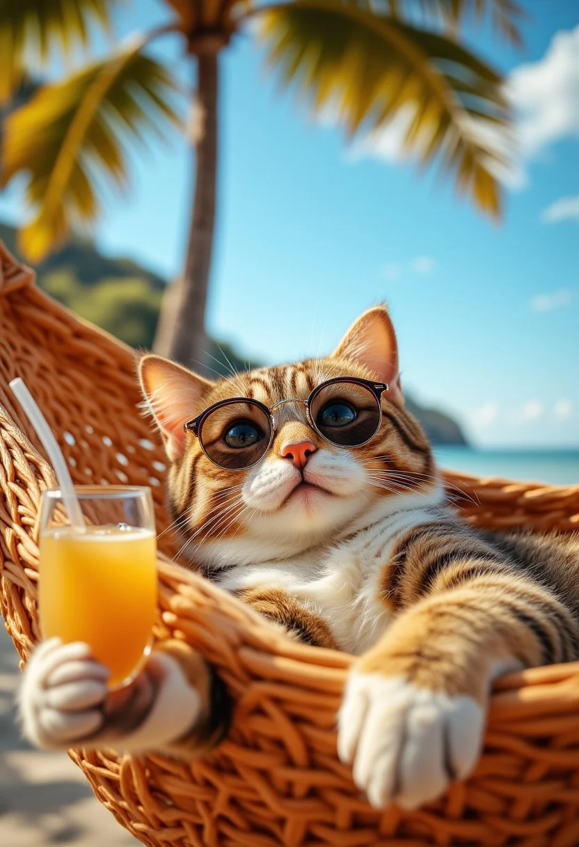 Cat in a hammock, sunglasses on, tiny cocktail in paw, relaxing under a palm tree
,aidmafluxproultra, aidmaHyperrealism, aidmaMJ6.1