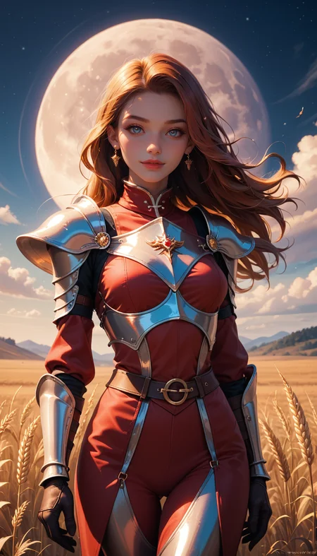 score_9, score_8_up, score_7_up, Cowboy Shot, girl, knight, cute, seductive, innocent, light smile:0.3, plump lips, slender body, long hair, red leather armor, sorrowful expression, faded elegance, full moon night, poignant atmosphere, lost beauty, melancholic aura, hauntingly captivating, timeless grief, stark contrast, delicate decay, line art, backlighting, wind, wind:1.2, knight, orange, wheat field background, 4n1v3rs3, depth of field, dynamic angle, fashion photography, sharp, hyperdetailed:1.15