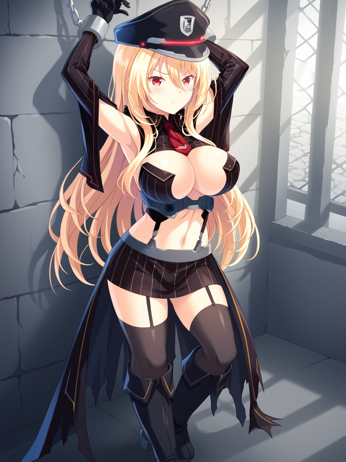 <lora:Escude_-_Yamizome_Liberator_-_All_in_One:1>,corruption,escude,mikasa,1girl,breasts,solo,blonde hair,long hair,skirt,hat,thighhighs,navel,midriff,boots,large breasts,knee boots,dark persona,red eyes,garter straps,gloves,miniskirt,black footwear,black headwear,black thighhighs,striped,cleavage,blush,bangs,see-through,see-through,bare hips,underboob,indoors,dungeon,restrained,chain,standing,prison cell,underground,shackles,arms up,legs apart,against wall,, score_9, score_8_up, score_7_up,source_anime,(masterpiece),(best quality),(ultra-detailed),(best illustration),(best shadow),(absurdres),(detailed background),(very aesthetic),source_anime