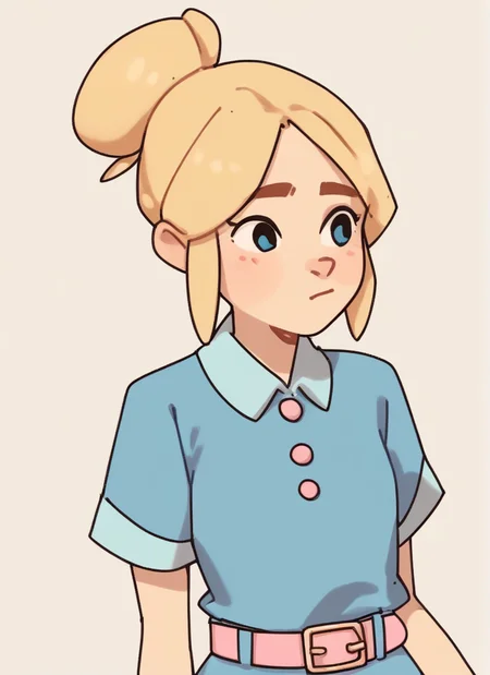 score_9, score_8_up, score_7_up, <lora:bspiper:1>bspiper , 1 girl blonde hair ,hair bun ,blue dress , ,pink belt ,upper body, ,short sleeves,short dress, <lora:Yagi_the_Goat_Style:1>