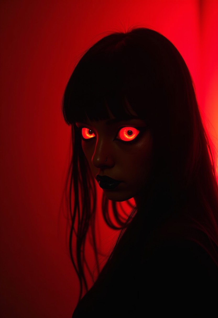 Audrey Kawasaki style, dark scarlet, Chemiluminescence, demon in the dark with crazy eyes, nasty, (minimalism 1), Audrey Kawasaki style ray tracing details. hyper realistic, 16k resolution. (masterpiece, award winning work of art) lots of detail, extremely detailed, full of detail.