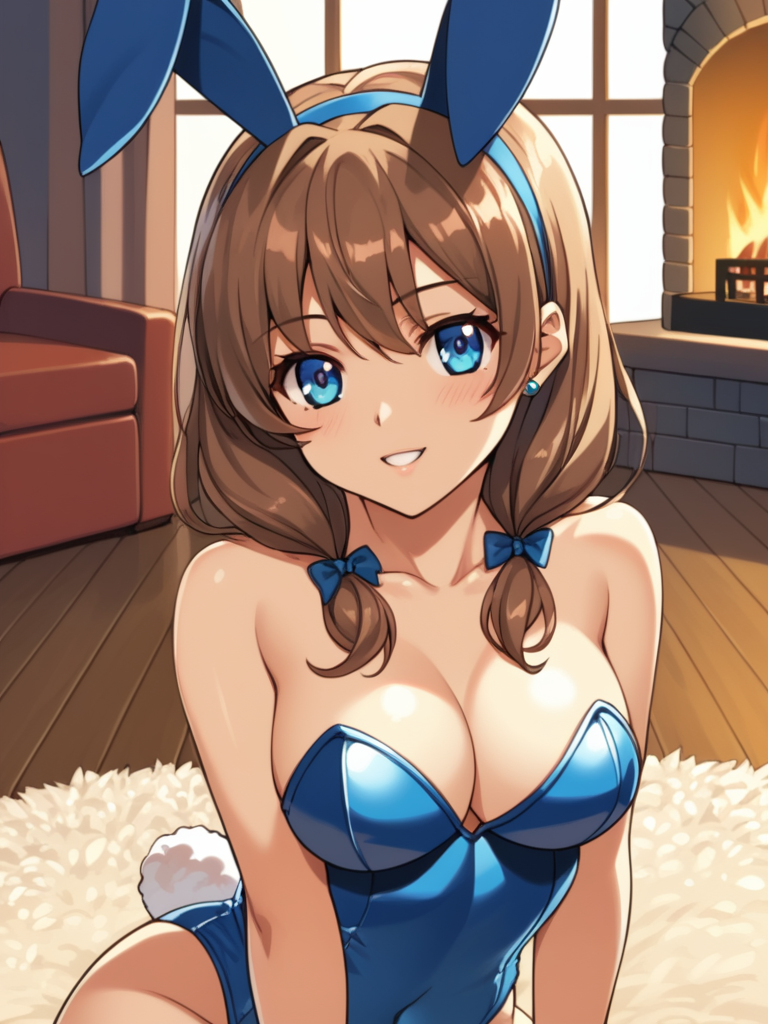score_9, score_8_up, score_7_up, score_6_up, BREAK masterpiece, perfect face, perfect hands, high quality, source_cartoon, BREAK (1girl, solo,) <lora:Renka_Misaki_-_Akiba_Girls:1> renka, long hair, brown hair, twintails, blue eyes, playboy bunnysuit, fake rabbit ears, strapless, collarbone, indoors, living room, fireplace, fur rug, fur skin rug,