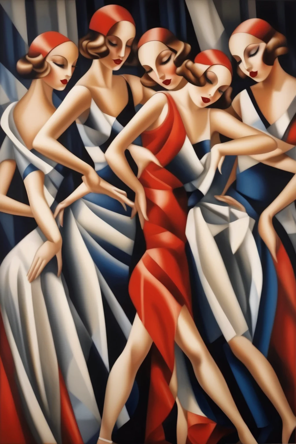 <lora:Tamara De Lempicka Style:1>Tamara De Lempicka Style - five pretty dancer in the style of Tamara de Lempicka
