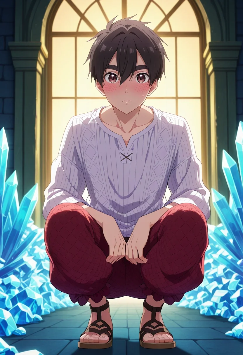 masterpiece, best quality, , anime screencap, anime coloring, official style, looking at viewer, 1boy, solo, male focus, <lora:rentarou_aijou_ilxl:0.94>, rentarou_aijou, black hair, brown eyes, short hair, hair between eyes, bangs, dragon sanctuary, sleeping wyrms, treasure piles, crystal formations, quiet steps, cautious expression, warm lighting, Blush Voile Quilted pants, Linen Henley shirt, Sandals, ,