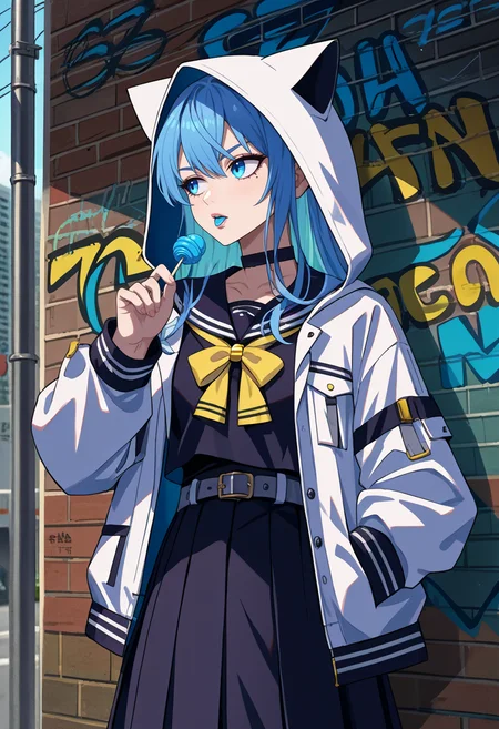 score_9, score_6_up, source_anime, 1girl, solo, leaning, graffiti, urban, holding blue lollipop, looking away, SuiseiSchool, long hair, black serafuku, black shirt, black choker, yellow bowtie, grey belt, black skirt, white jacket, hood up, cat hood, open jacket <lora:CHAR-HoshimachiSuiseiPonyXL:1>