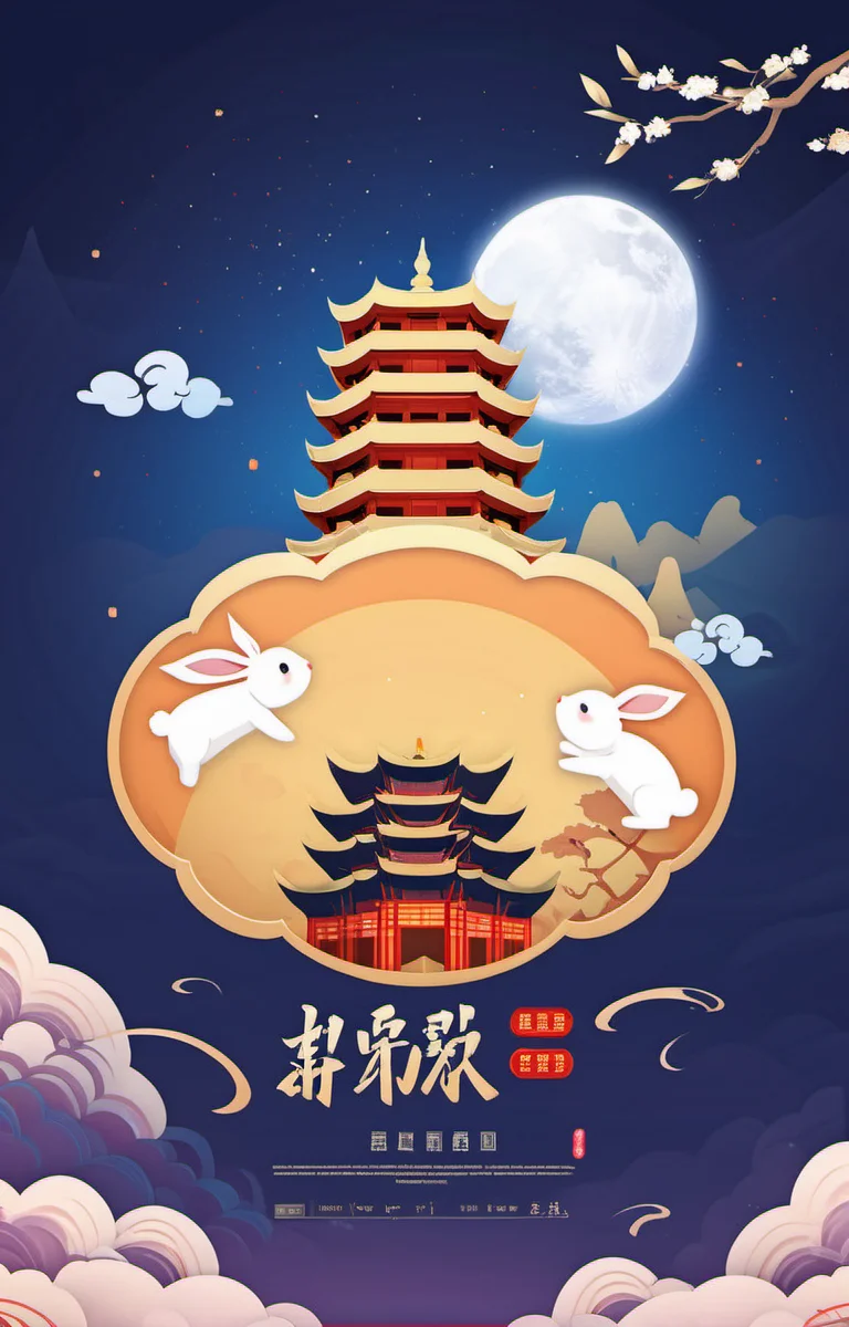masterpiece,best quality,<lora:zqhb-000009:0.8>,scenery,bunny,east_asian_architecture,full_moon,poster design,night_sky,border,