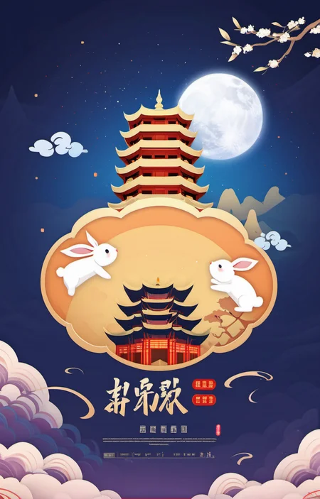 masterpiece,best quality,<lora:zqhb-000009:0.8>,scenery,bunny,east_asian_architecture,full_moon,poster design,night_sky,border,