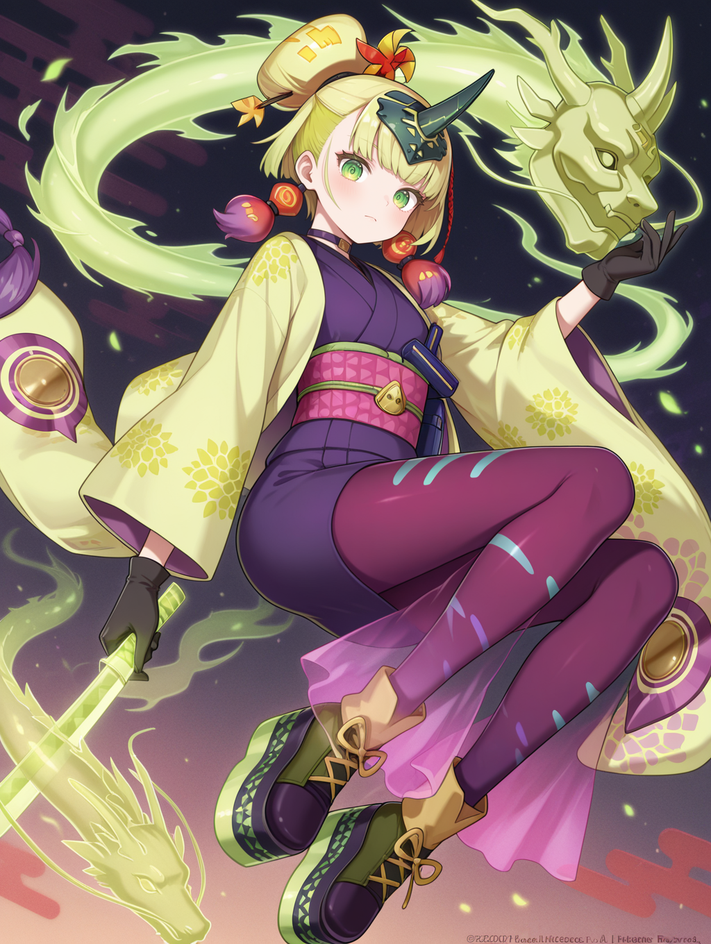 no-p.u.n.k. deer note, black gloves, solo, looking at viewer, 1girl, full body, closed mouth, pink see-through long skirt, red hair ornament, purple tassel earrings, black horn headpiece, green haori, purple sleeveless kimono, pink sash, purple thighhighs, watermark, reverse grip, green hologram katana, holding green hologram katana, green hologram east dragon, floating green oni mask, black platform footwear,
masterpiece,best quality,amazing quality,very aesthetic,absurdres,newest,<lora:No-P.U.N.K. Deer Note illusXL v1:0.75>,