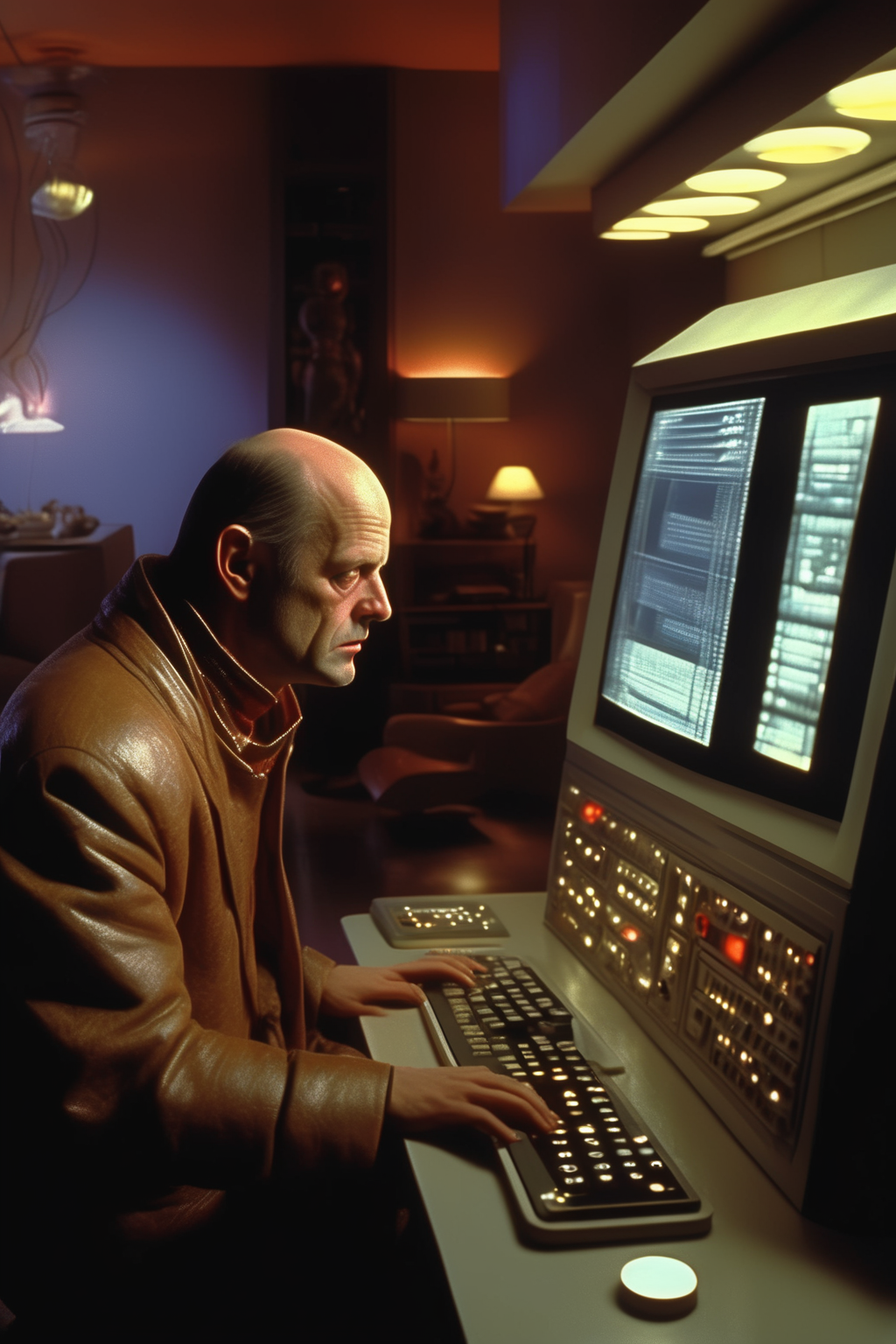 <lora:Terry Gilliam Style:1>Terry Gilliam Style - realistic photo, 35 mm, a wide top shot of a middle age hacker, watching a screen and typing keyboard, who's sitting in front of his flatscreen laptop inside a capsule, a room shares the space efficiency of a Manhattan apartment, dining nook and a massive control panel are but a few steps apart, control panel with many buttons, switches, meters, dials that seem infinitely critical, near panel there is the dining nook with an industrial metallic laptop, Calvin Russell, photography by Janusz Kaminski, eighties, blade runner, cinematic lighting, hyper detail, photorealistic, cinematic lighting, day
