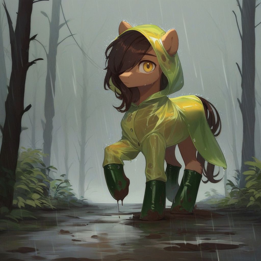 score_9, score_8_up, score_7_up, score_6_up, score_5_up, score_4_up, feral pony, pony, stallion, male pony, 1 boy, solo, earth pony, feral, golden yellow fur, long dark brown mane, long hair,  sideswept bangs, one eye covered, long dark brown tail, lanky, fluffy, yellow eyes, green raincoat, long raincoat, hood, hood up, ears covered by hood, green rubber boots, heavy rain, downpour, overcast, forest, path, mud, walking, side view, looking at viewer, wet, dripping, summer