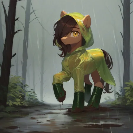 score_9, score_8_up, score_7_up, score_6_up, score_5_up, score_4_up, feral pony, pony, stallion, male pony, 1 boy, solo, earth pony, feral, golden yellow fur, long dark brown mane, long hair, sideswept bangs, one eye covered, long dark brown tail, lanky, fluffy, yellow eyes, green raincoat, long raincoat, hood, hood up, ears covered by hood, green rubber boots, heavy rain, downpour, overcast, forest, path, mud, walking, side view, looking at viewer, wet, dripping, summer