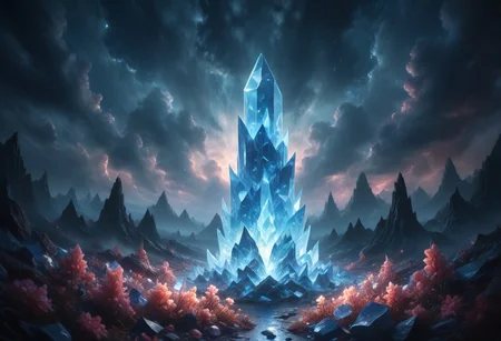 (8k landscape photography:1.2) an massive shiny blue crystal glass tower in an ethereal hell landscape surrounded by (glowing:1.1) flower crystals, a dark cloudy sky