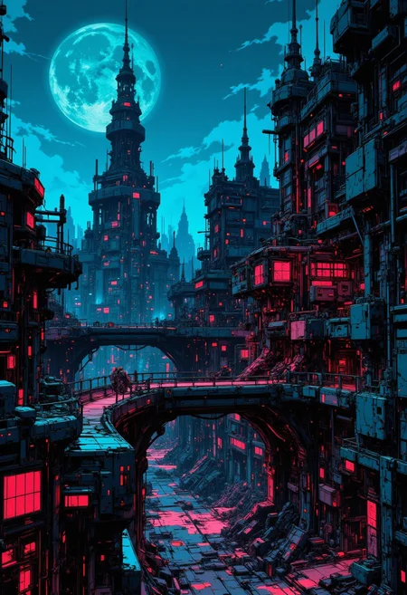 CAICO, nvinkpunk black and blue theme, detailed image, This is a digital artwork in the style of ckgr, the image is featuring a utopian gleaming sci-fi cityscape of colossal buildings and towers, black and marble surfaces with high-end circuitry, red glowing diodes and lights, large depth of field. The sky is dark blue,, with a moon hanging low in the horizon