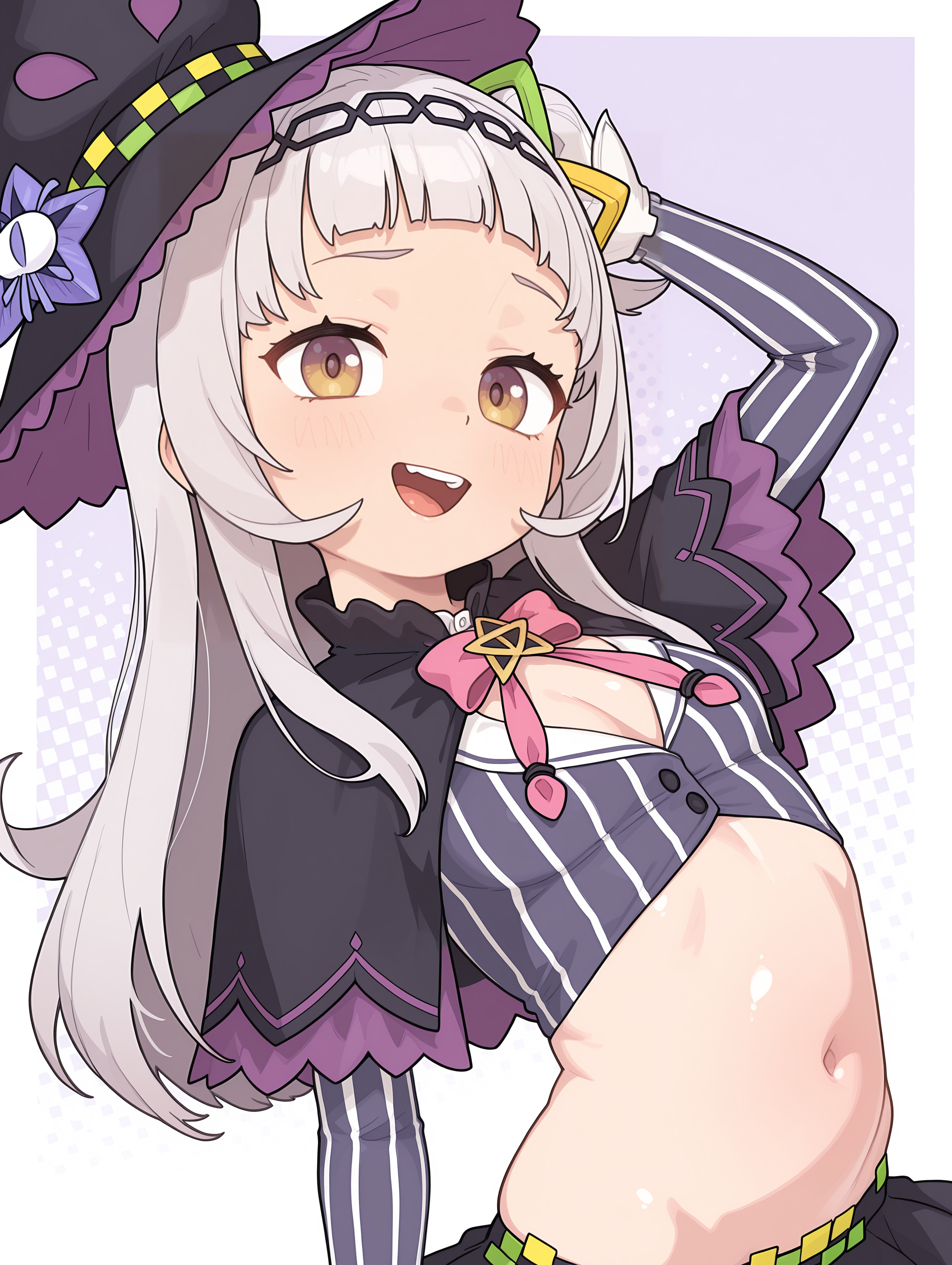 masterpiece, best quality, amazing quality, very aesthetic, absurdres, newest,<lora:PossumMachine-Illustrious:0.9>, possmach, cute, shiny skin, shortstack, simple background, pattern background, gradient background, outside border, thick border,
1girl, murasaki shion \(1st costume\), arched back, midriff, navel, dutch angle, head tilt, happy, open mouth, arm up,