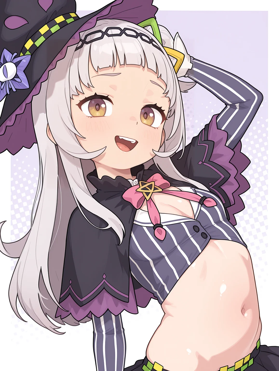 masterpiece, best quality, amazing quality, very aesthetic, absurdres, newest,<lora:PossumMachine-Illustrious:0.9>, possmach, cute, shiny skin, shortstack, simple background, pattern background, gradient background, outside border, thick border,
1girl, murasaki shion \(1st costume\), arched back, midriff, navel, dutch angle, head tilt, happy, open mouth, arm up,